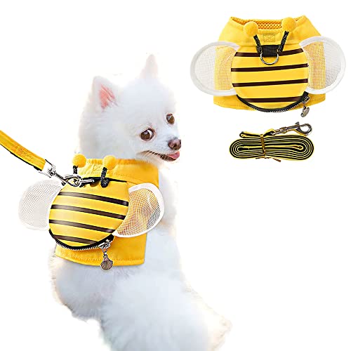 Bee Shaped Small Dog Harness and Leash Set Yellow Puppy Walking Vest with Snack Bag Cute Vest Harness with Wing for Cats Rabbits Small Dogs (A, Medium)