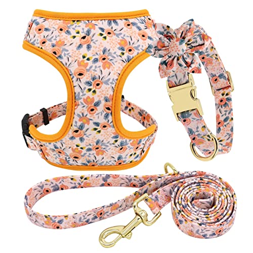 Beirui Cute Girl Dog Collars, Harnesses & Leashes Set - Adjustable Dog Collar and Leash Set with Flower - Soft Mesh Dog Vest Harness for Puppies Small Medium Dogs (Orange,S)