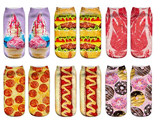 Benefeet Sox Novelty Food Socks Funny Crazy Ankle Socks for Women Girls Fun Silly 3D Printed Cute Socks Graphics Cartoon Low Cut Liner Socks, 6 Pack-Food(Pizza Hamburger Donut Icecream Hotdog Bacon)