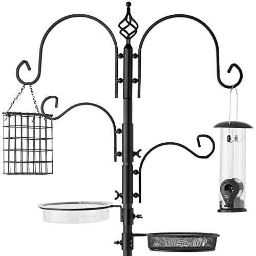 Best Choice Products 91in 4-Hook Bird Feeding Station, Steel Multi-Feeder Kit Stand for Attracting Wild Birds w/ 2 Bird Feeders, Mesh Tray, Bird Bath, 4-Prong Base - Black