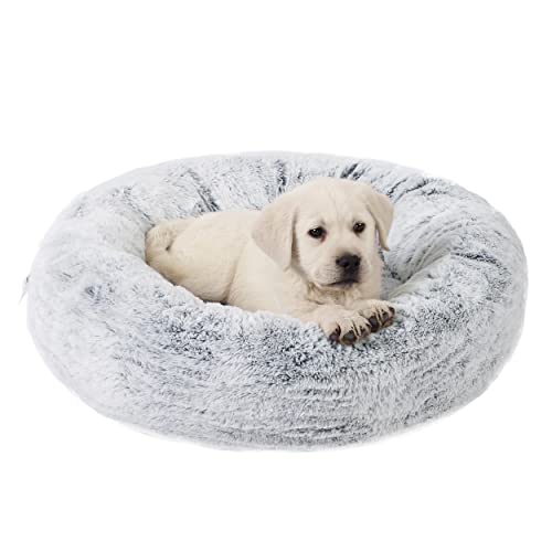 Best Friends by Sheri SnuggleSoft Faux Rabbit Fur Memory Foam Calming Donut Bed for Dogs and Cats, Grey, 23" x 23"