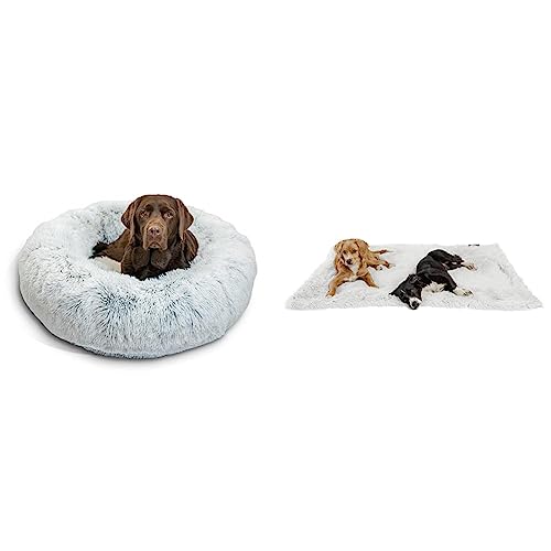 Best Friends by Sheri The Original Calming Donut Cat and Dog Bed in Shag Fur Frost, Large 36x36 & Calming Shag Fur Pet Throw Blanket, Frost, 40"x50"