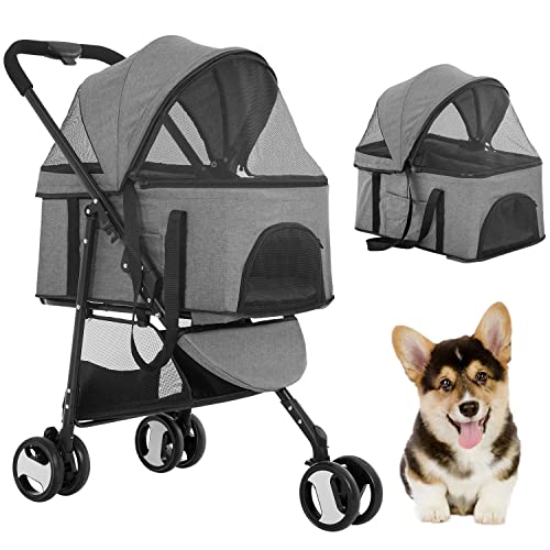 BestPet 3 Wheels Pet Stroller Dog Cat Premium 3-in-1 Multifunction Stroller for Medium Small Dogs Cats Detachable Carrier Lightweight Folding Travel Stroller,Grey