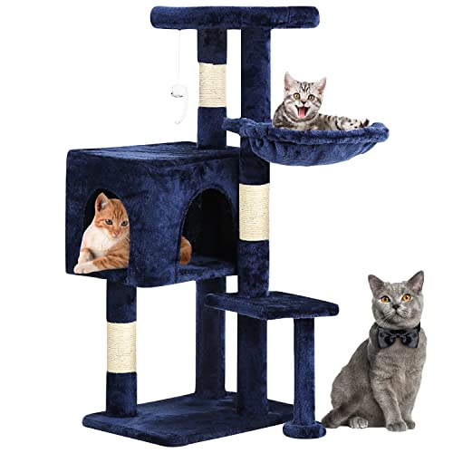 BestPet Cat Tree 36 inch Tall Cat Tower for Indoor Cats with Cat Scratching Post,Cat Condo Furniture Activity Centre with Cat Hammock & Funny Toy (Navy Blue)