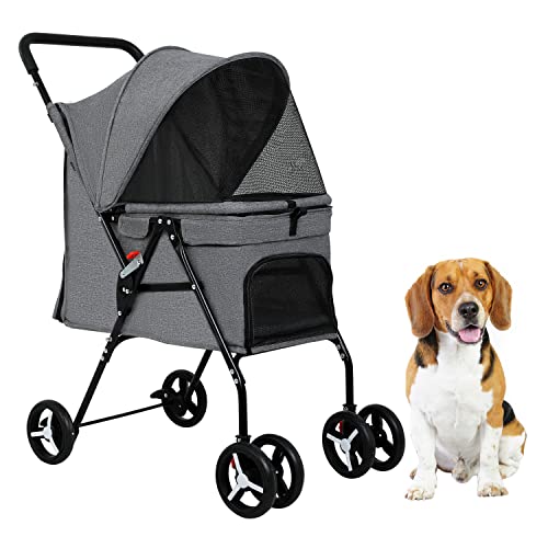 BestPet Pet Stroller Folding Dog Stroller 4 Wheels Cat Stroller with Large Door Curtain Ventilate Mesh Foldable Puppy Stroller for Travelling Shopping Walking Playing for Small Medium Dogs Cats, Grey