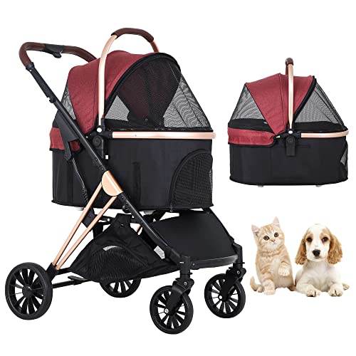 BestPet Pet Stroller Premium 3-in-1 Multifunction 4 Wheels Dog Cat Stroller for Medium Small Dogs Cats Aluminium Frame Folding Lightweight Travel Stroller with Detachable Carrier,44lbs Capacity,Wine