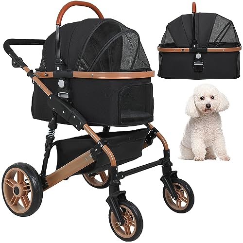 BestPet Pet Stroller Premium 3-in-1 Multifunction 4 wheels Dog Cat Stroller for Large Medium Dogs Cats Aluminium Frame Folding Lightweight Travel Stroller with Detachable Carrier,66lbs Capacity, Black