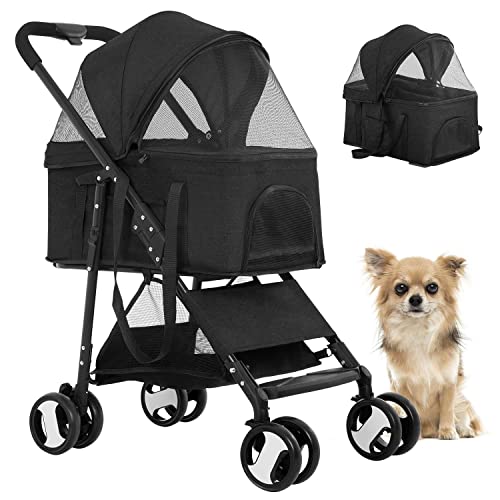 BestPet Pet Stroller Premium 3-in-1 Multifunction Dog Cat Jogger Stroller for Medium Small Dogs Cats Folding Lightweight Travel Stroller with Detachable Carrier &Cup Holder,Black