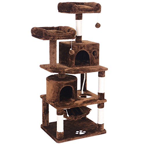 BEWISHOME Cat Tree with Sisal Scratching Posts, 2 Condos, Plush Perches, Jingly Balls and Hammock, Cat Condo Tower Furniture Kitty Kitten Activity Center Pet Play House Brown MMJ01Z