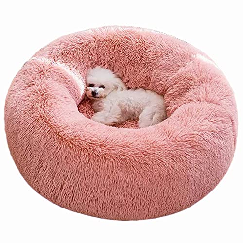 BinetGo Calming Cat and Dog Beds，20/24/32 inches Dog Bed, Black/Pink/Beige Puppy Bed ,Original Calming Donut Cat and Dog Bed in Shag Fur– Machine Washable, Anti Slip Waterproof Bottom (24", Pink)