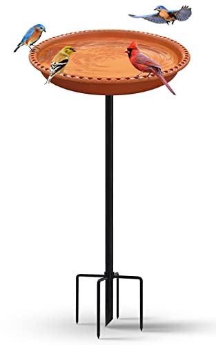 BIRD WISH Upgraded 5-Prong Base Bird Bath with Metal Stake, Detachable Decoration Stable Bird Baths for Outdoors Garden Patio Lawn Yard, Terracotta