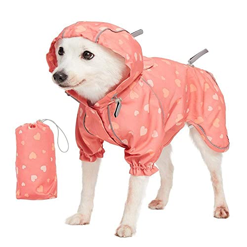 Blueberry Pet 10" Heart Prints Lightweight Reflective Waterproof Dog Raincoat with Hood & Harness Hole, Pink, Outdoor Rain Gear Jacket 2 Legs for Small Dogs