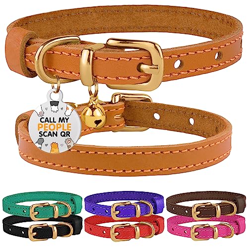 BRONZEDOG Leather Cat Collar with Bell Non Breakaway Kitten QR Tag for Girl Boy (9" - 11" Cats/Mini Dogs, Light Brown & Gold)