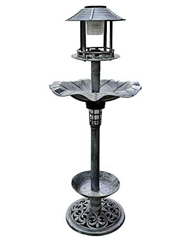 BTEXPERT BB5188 Stone Gray Birdbath Vintage Solar Lighted Pedestal Bird Bath Garden Fountain Decoration Planter Accents