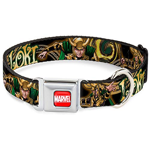 Buckle-Down Seatbelt Buckle Dog Collar - LOKI Poses Black/Gold/Green - 1" Wide - Fits 9-15" Neck - Small