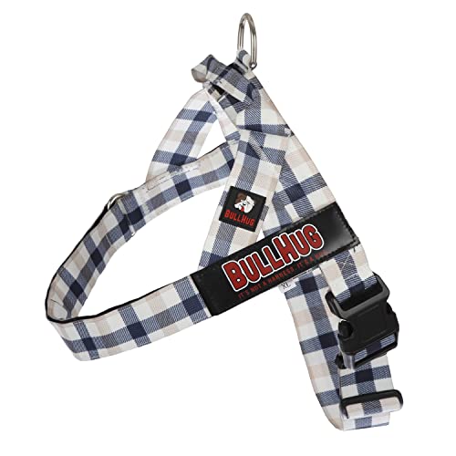 BULLHUG Harness – Made for Larger Chested Dogs Like English Bulldogs, French Bulldogs, Pugs & More. Stops Dogs from Pulling & Choking on Walks (Blue TAN Plaid, Medium)