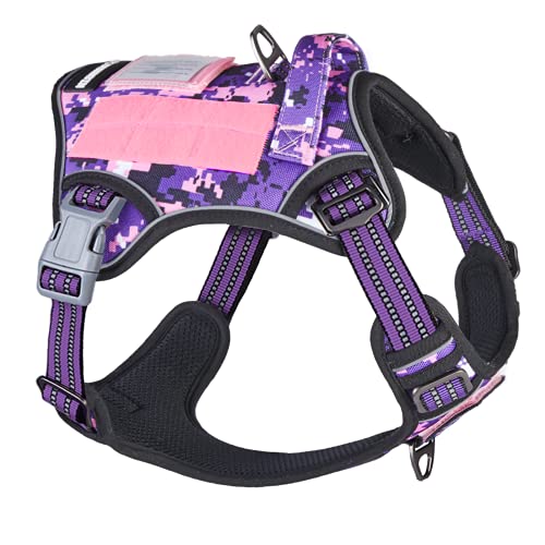 BUMBIN Tactical Dog Harness for Medium Dogs No Pull, Famous TIK Tok No Pull Dog Harness, Fit Smart Reflective Pet Walking Harness for Training, Adjustable Dog Vest Harness with Handle Purple Camo M