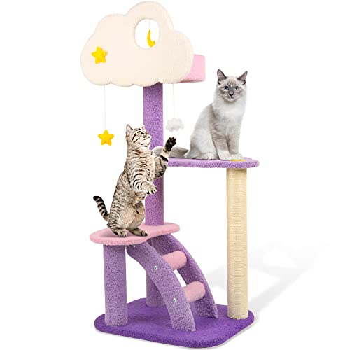 Calmbee Cat Tree Cat Tower Cat Scratching Post, 42.5 Inches Purple Cute Cat Tree for Indoor Cats, Natural Sisal Cat Climbing Activity Trees with Hammock & Stairs for Cats Kittens Pets Small Cat