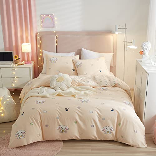 Cartoon Cup Rabbit Bedding Queen Duvet Cover Cotton Animal Bunny Print Kids Girl Comforter Cover for Teen Boy 1 Duvet Cover 2 Pillow Shams Pink Reversible Bedding Set Full Queen, NO Comforter