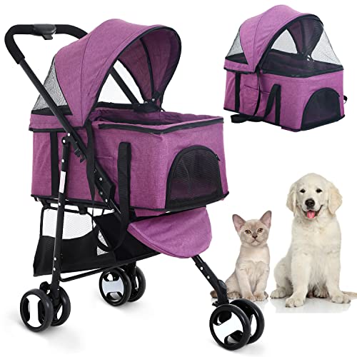 Cat& Dog Stroller Pet Strollers 3 Wheel Doggy Stroller for Small Medium Dogs 3-in-1 Detachable Travel Carrier Pet Gear Stroller Wagons for Dogs Trolley for Cat Doggie Rabbit Puppy, Purple