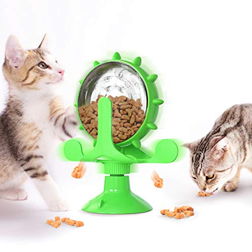 Cat Food Dispenser Turning Windmill Cat Toys Indoor Kitten Wheel Cat Interactive Puzzle Exercise Treat Dispenser(Green)