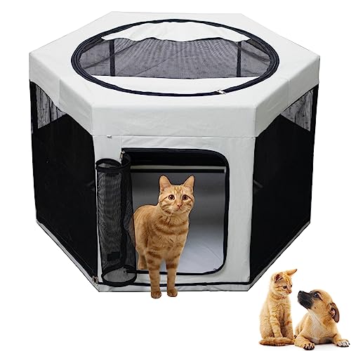 Cat Playpen, Foldable Dog Tent, Portable Pet Crate, Small Animal Fence for Puppies, Hamster, Rabbit, 35.4 x 30 x 24.4 in, PVC Pipe Frame, Breathable Mesh, for Travel, Camping, Indoor/Outdoor Use(Gray)