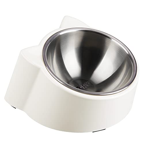 CATPRO Tilted Cat Food Bowls,15°Slanted Cat Feeder Bowl Orthopedic Cat Bowl Anti-Vomiting Spill Proof Raised Cat Food Bowl Stainless Steel Tilted Angled Cat Food Bowls White