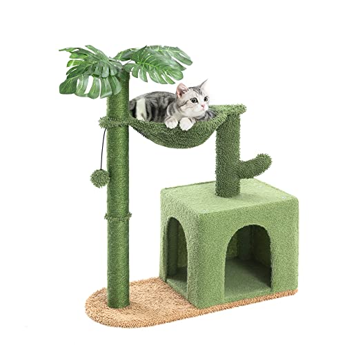 Catreaier Cat Tree Cactus Cat Condo with Round Hammock and Full Sisal Wrapped Post for Indoor Cats