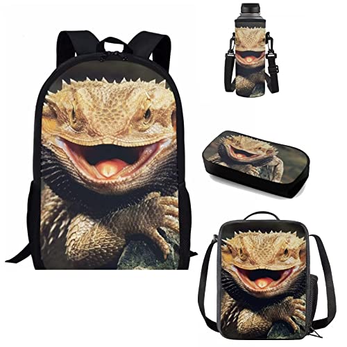 Coloranimal Bearded Dragon Lizards School Backpack Lunch Box Pencil Case Water Bottle Sleeve 4 Piece for Girls Boys Personalized Back to School Bookbag Kids Bagpack