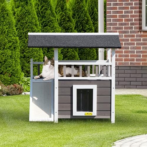 COZIWOW Small Cat Houses& Shelter Indoor Outdoor Waterproof, Wood Pet Furniture, Wooden Weatherproof Insulated 2 Story Large Kitty House for Cat Kitten Bunny Puppy with Ramp Balcony