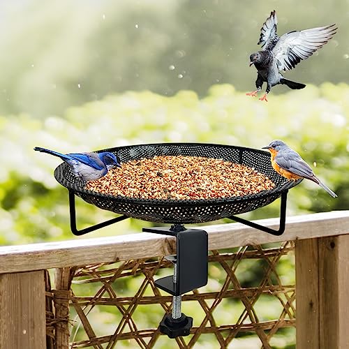 CQAIRIOU Premium Deck Railing Bird Feeder Tray for Balcony,11.8" Stainless Steel Large Platform Bird Feeder Mesh Seed Tray for Outside Wild Birds,Great Decoration for Garden Backyard