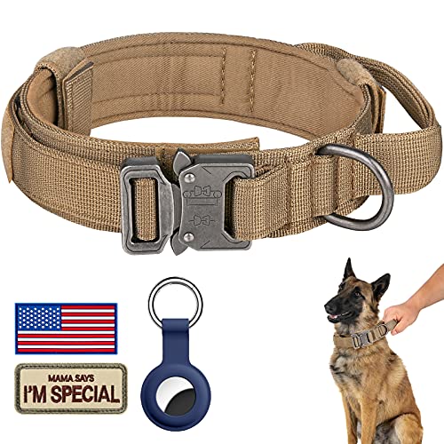 DAGANXI Tactical Dog Collar, Adjustable Military Training Nylon Dog Collar with Control Handle and Heavy Metal Buckle for Medium and Large Dogs, with Patches and Airtags Case (XL, Brown)