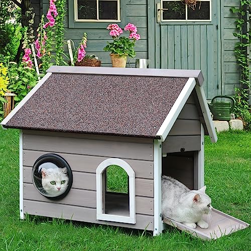 Deblue Outdoor Cat House Weatherproof, Feral Cat House Outdoor Large Wooden Stray Cat Shelter with Viewing Window, Attic and Escape Door