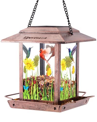 DesGully Bird Feeders for Outside Wild Birds Metal Solar Bird Feeder for Outdoors Hanging Gift Ideas for Bird Lovers Garden Yard Bird Seeds (Chew-Proof,Weather Resistance)