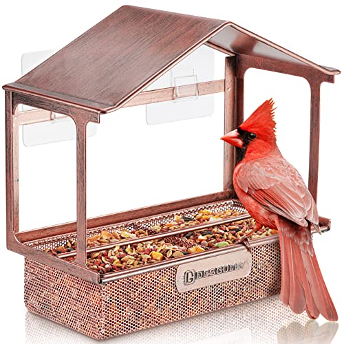 DesGully Window Bird Feeder - Durable Metal Bird Feeders with Super Adhesive Sheets x4. Removable Tray for Easy Cleaning. Perfect for Bird Watching and Feeding Indoors Gift for Cat and Nature Lovers.