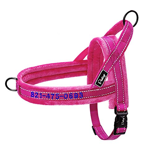 Didog Personalized Embroidered Dog Harness with Pet Name & Phone Number,Soft Flannel Padded Dog Vest Harness, Escape Proof/Quick Fit Reflective Dog Strap Harness,Easy for Walking Training,Hot Pink