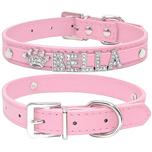 Didog Smooth PU Leather Custom Dog Collars with Rhinestone Personalized Name Letters,Fit Small Medium Dogs,Pink,XS Size