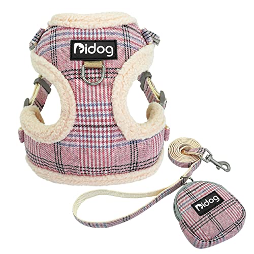 Didog Soft/Cosy Dog Vest Harness and Leash Set with Cute Bags, No Pull Escape Proof Breathable Mesh Dog Harness,Classic Plaid/Back Openable,Fit Walking Small Dogs, Cats,Pink,S