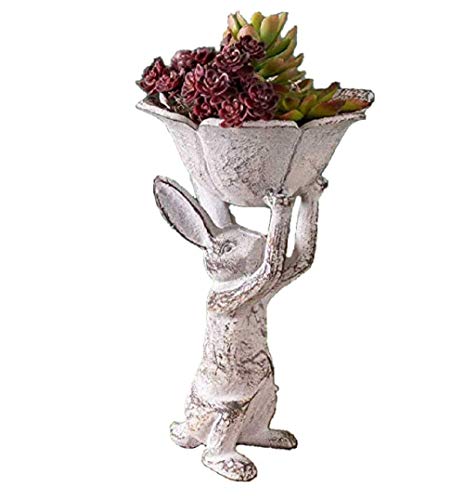 Distressed Antique White Cast Iron Rabbit with Flower Bird Feeder