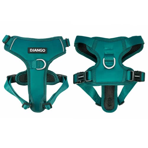 DJANGO Tahoe No Pull Dog Harness – Comfortable, Durable, and Padded Harness with Front and Back D-Rings and Reflective Piping – Adjustable and Secure Design for Everyday Use (Small, Dark Teal Green)