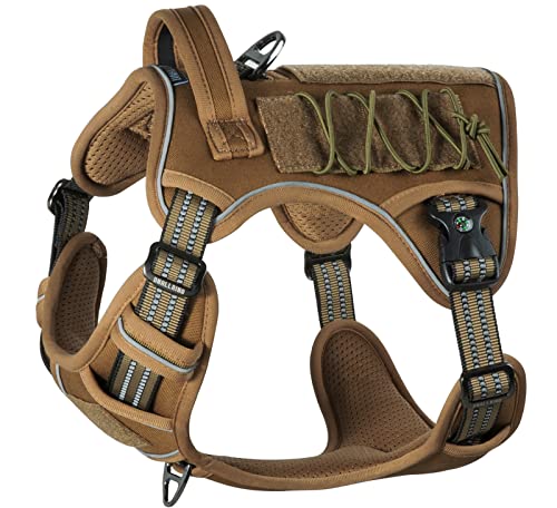 DNALLRINO Tactical Dog Harness for Large Dogs No Pull, Heavy Duty Adjustable Dog Harness with ID Card, Reflective Walking Harness for Training Easy Control Dog Vest with Handle Brown