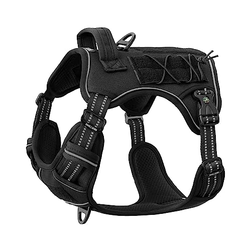 DNALLRINO Tactical Dog Harness for Large Dogs No Pull, Heavy Duty Adjustable Dog Harness with ID Card, Reflective Walking Harness for Training Easy Control Dog Vest with Handle Black