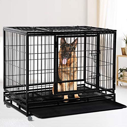Dog Cage Crate Heavy Duty Sturdy Metal 48/42/36" Large Pet Dog Kennel Fence for Training, Indoor and Outdoor Dog Fence with Lockable Wheels and Plastic Tray and Double Door and Lock Design,Black