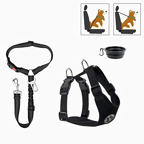 Dog Car Harness Seat Belt Set, 2-in-1 Headrest Restraint Dogs Car SeatBelts，Mesh Breathable Dog Vest Harness with Dog Bowl for Daily Use Walking Vehicle Travel (L)