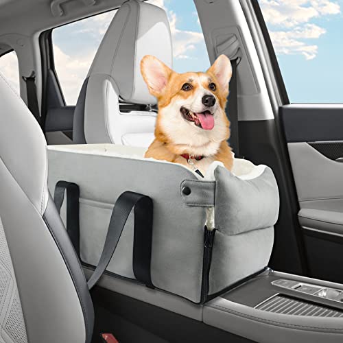 Dog Car Seat Booster Cage, Center Console Dog Car Seats for Small Pets Stable Safe Armrest Dog Car Booster Seat, Breathable Folding Soft Washable Travel Bags for Cats or Other Small