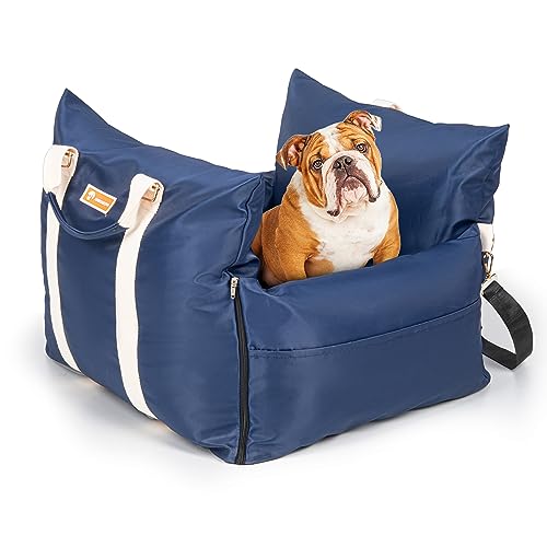 Dog Car Seat Dog Carrier Pet Booster with Dog Leashes, Dog Carriers for Small Dogs Back Protection with Safety Belt, Portable Dog Bed &Dog Carseat with Carrier Handles for Medium Dogs (Dark Blue)