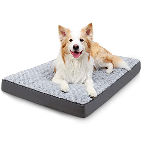 Dog Crate Bed Waterproof Dog Beds for Large Dogs Rose Velvet Soft Fluffy Washable Dog Bed with Removable Cover & Anti-Slip Bottom, 41 x 27 Inch, Light Gray