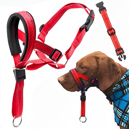 Dog Head Halter with Safety Strap - Headcollar - No-Pull Dog Collar – Perfect for Leash & Harness Training Medium and Large Dog Sizes (Size M (Pack of 1), Red)