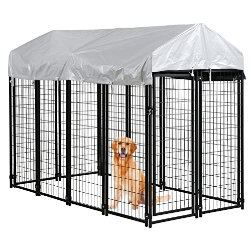 Dog Kennel Outdoor for Large Dog Heavy Duty Dog Fence Cage 8 X 4 X 6ft Metal Welded Wire Dog Pen with UV-Resistant Waterproof Roof