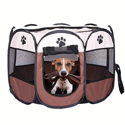 Dog playpen, Foldable Puppy Playpen, Pet Playpen Carrier Pop Up Tent 8-Panel Mesh Cover Adorable Design 600D Soft Oxford Playpen Kennel for Indoor-Outdoor Dog Cat Rabbit. (S 28" 28" 18", Brown)